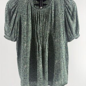 LOFT Olive Green Floral Flower Print Blouse Shirt Top Short Sleeve Size Small